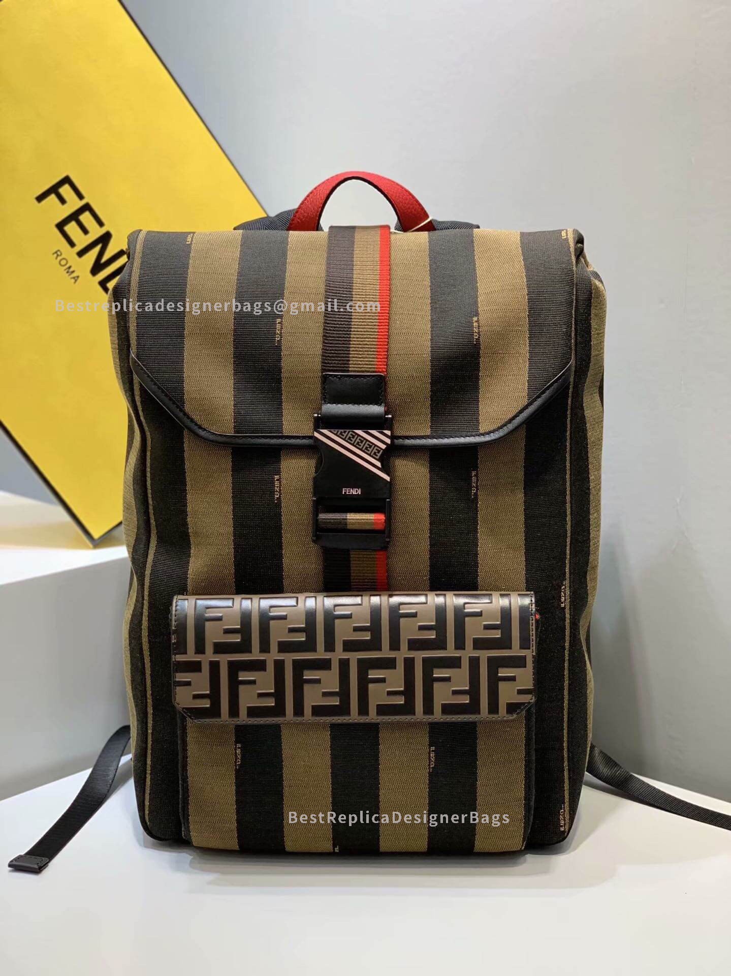 Fendi Black And Brown Canvas Stripe And Leather Backpack 2373